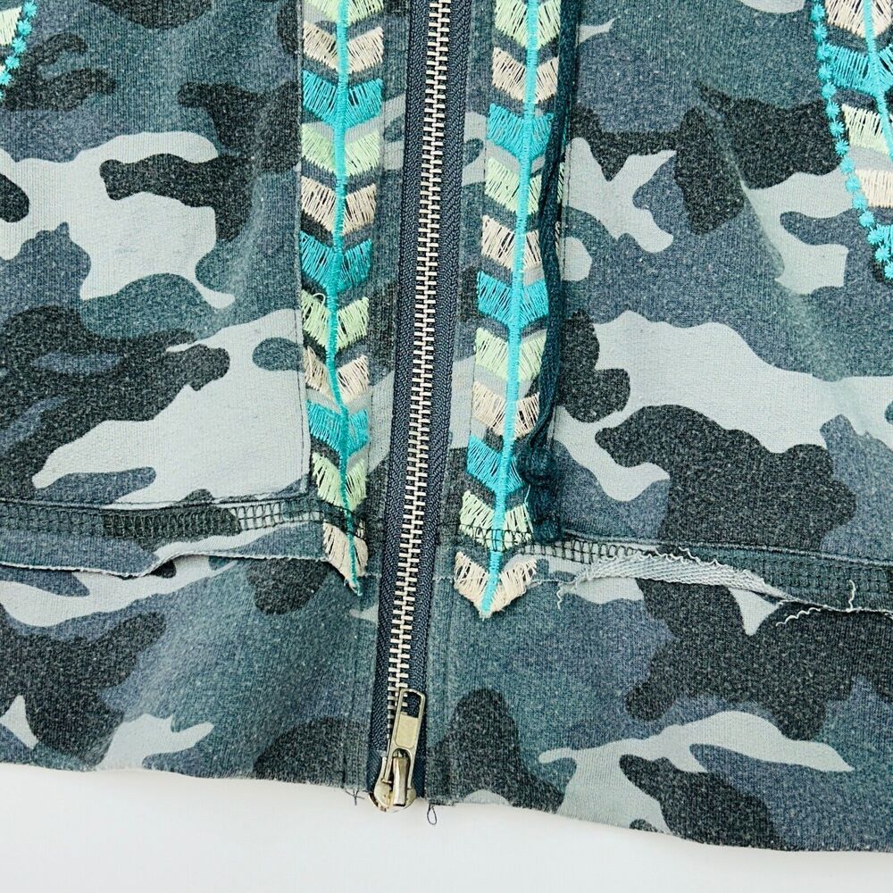 Women's Camouflage Hoodie Full Zip Embroidered Raw Edge Army Gray S Shabby Chic - Picture 10 of 16